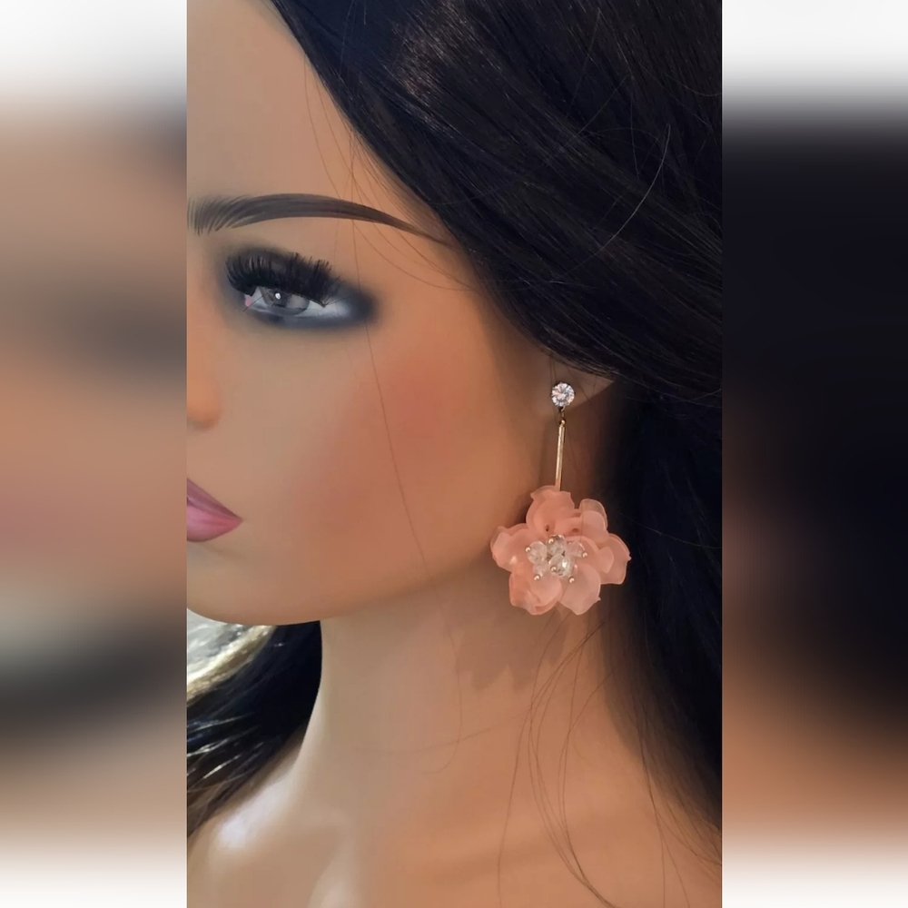 Bridal Bridesmaid Peach Pink Blush Flower Gold Plated Drop Earrings Cottagecore